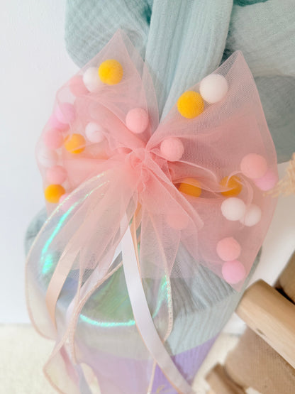 Pompon-Tüllschleife, Pfirsich Gelb Holoband, Schleife passend für Schultüten ab 70 cm, Kita- & Geschwistertüten ab 35 cm