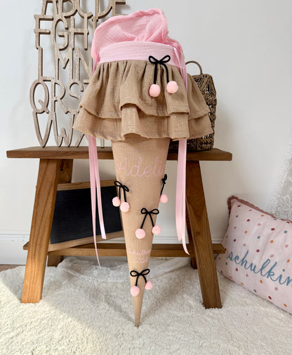 Musselin Schultüte Beige Gold für Mädchen 70 cm mit Kirschen, optional mit Kisseninlett