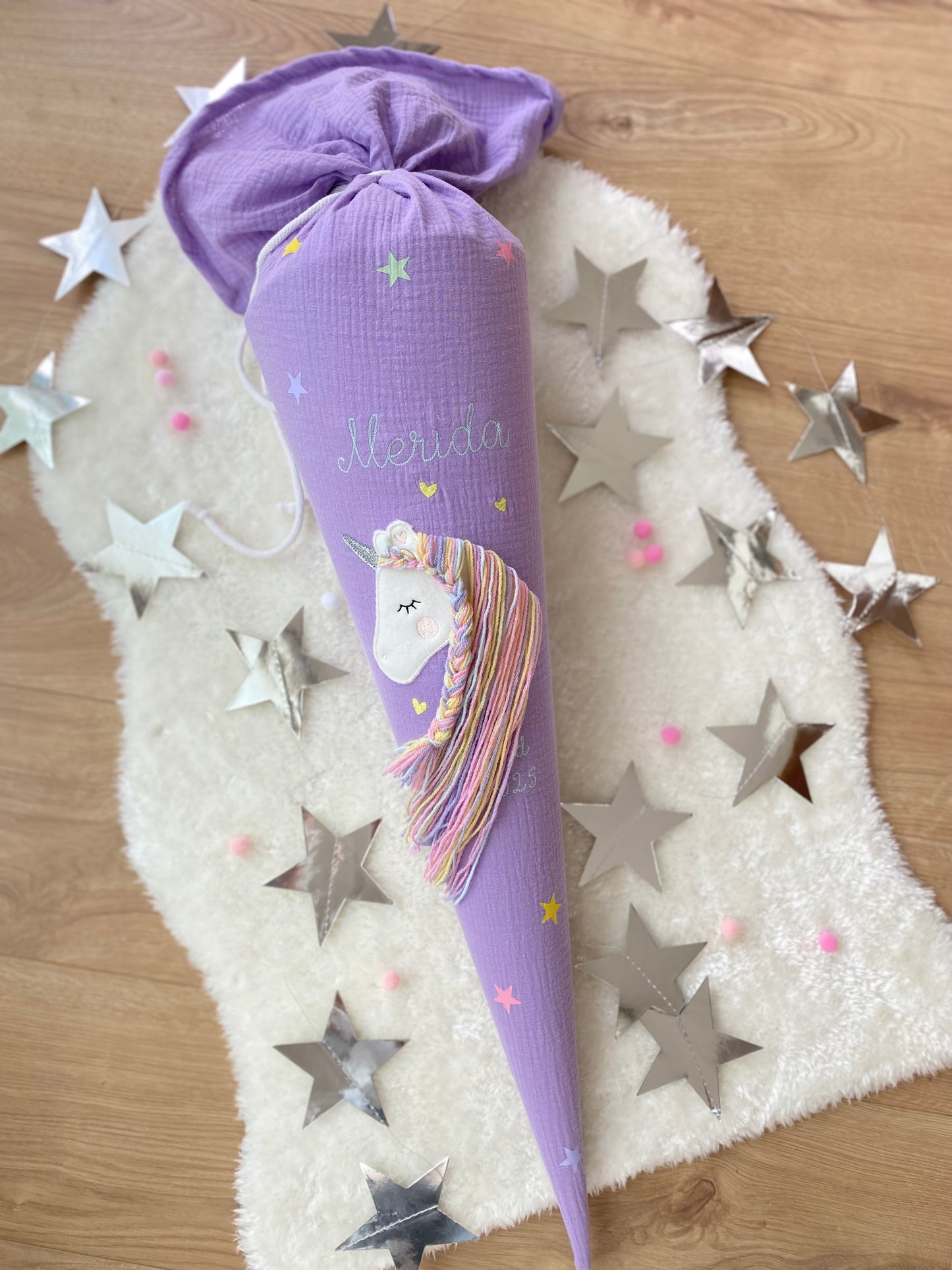 Musselin Schultüte 70 cm | Einhorn Regenbogenmähne | Kissen Inlett