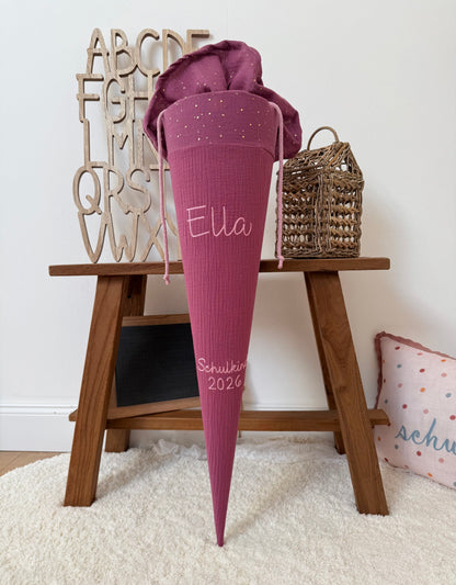 ✨ BESTSELLER ✨ Basic Musselin Schultüte 70 cm – personalisierbar, individuelle Farbauswahl, goldene Punkte, für Jungen und Mädchen