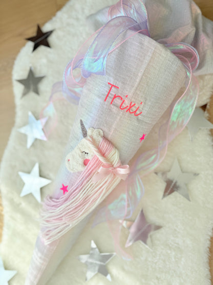 Knallige Schultüte 70 cm | Einhorn | Regenbogen Musselin | Neonpink | Holographische Effekte | Kissen Inlett