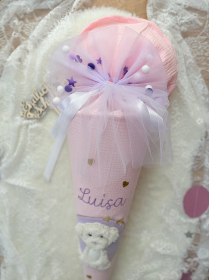 Musselin Schultüte 70 cm | weißer Hund | Welpe | Kisseninlett