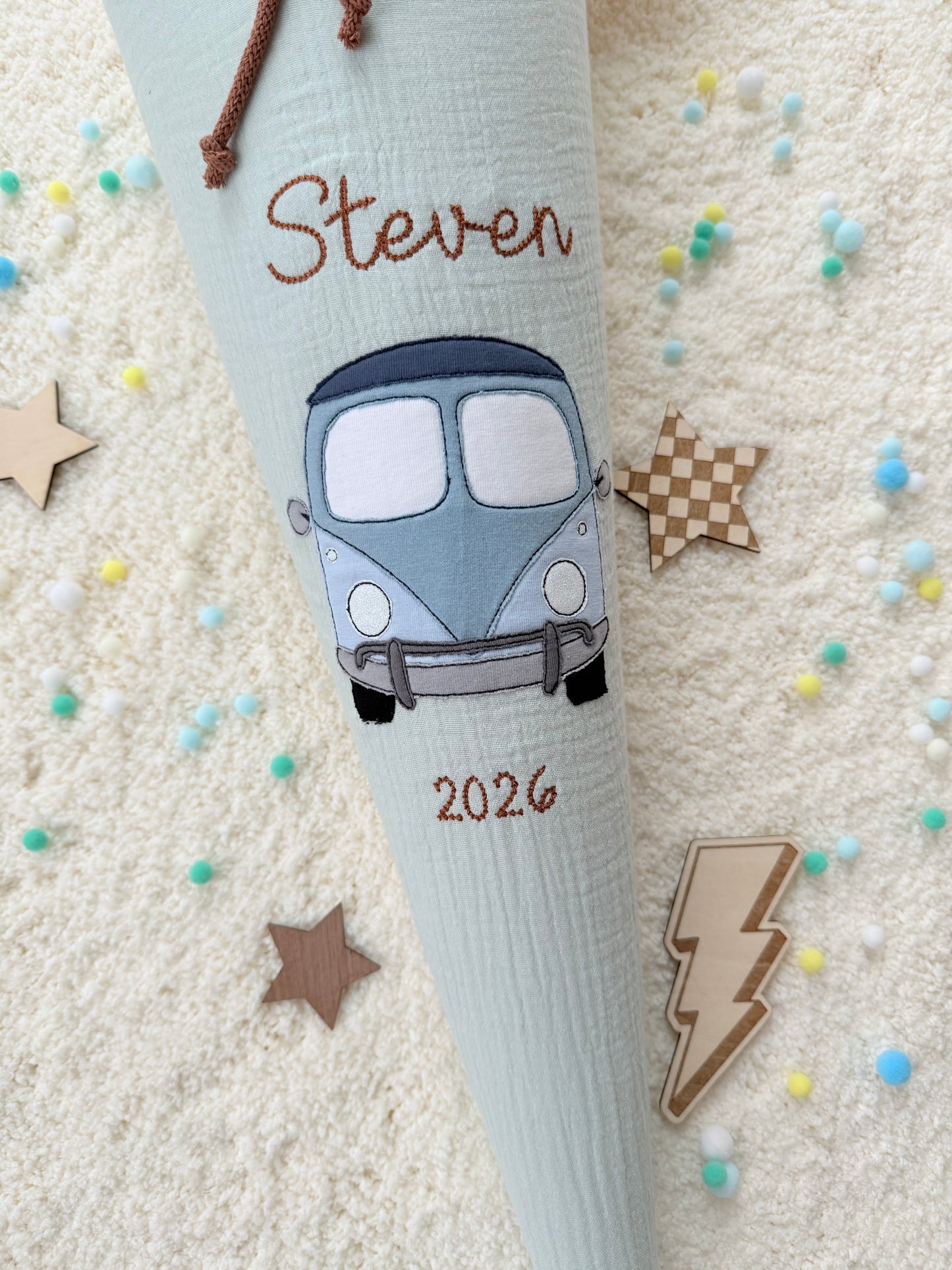 Musselin Schultüte für Jungen Bus, personalisierte Schultüte aus Stoff inkl. Kisseninlett