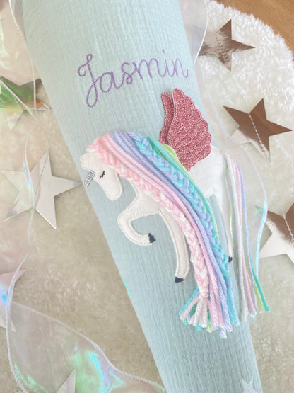 Dein Design | Musselin Schultüte 70 cm | Einhorn mit Flügeln | Pegasus | Regenbogenmähne | Kissen Inlett