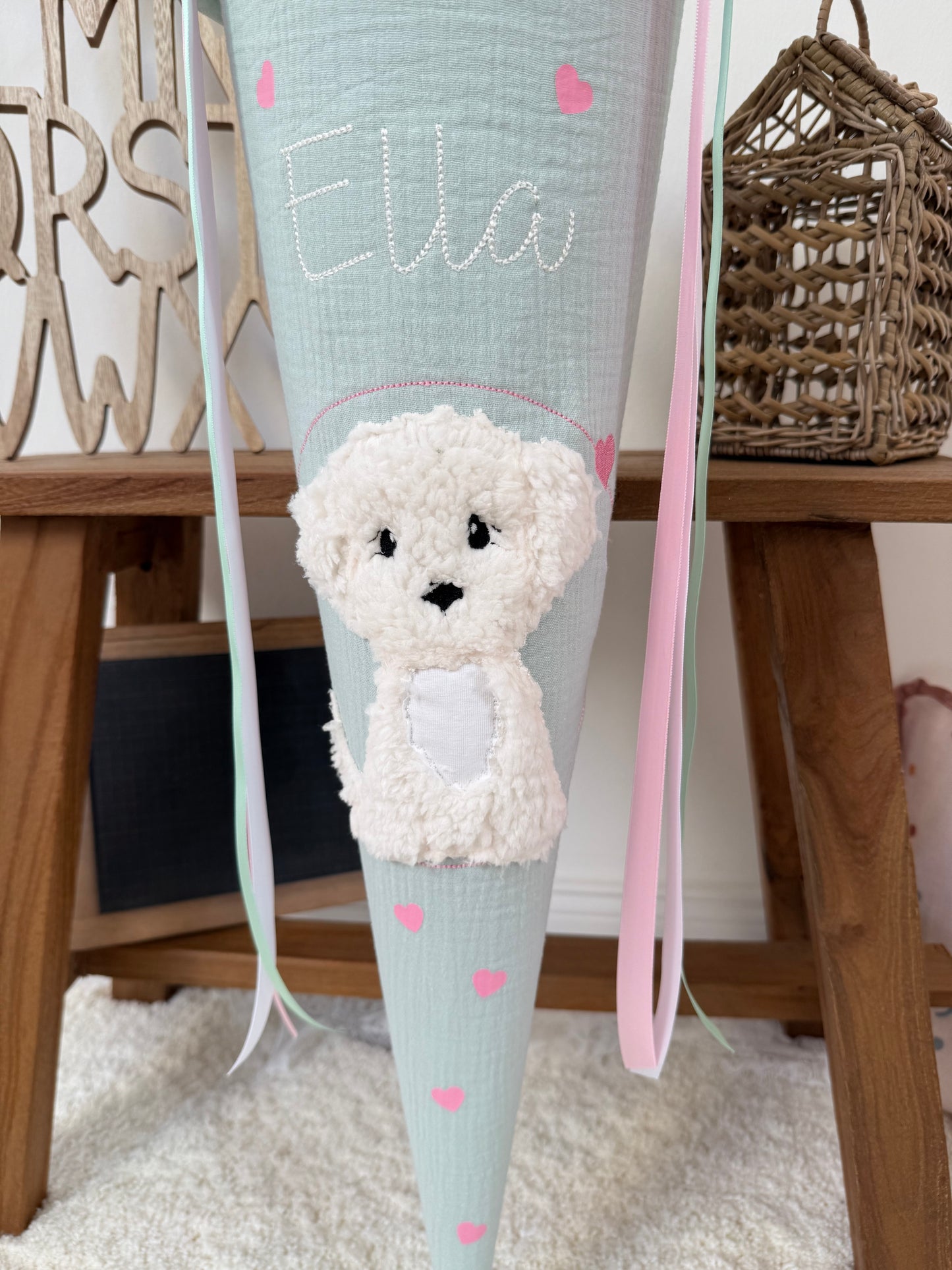 Musselin Schultüte 70 cm Mint, Rosa Herzen, Hund, Welpe zur Einschulung für Mädchen, optional mit Pompon-Tüllschleife und Kisseninlett