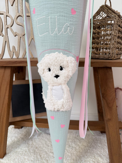 Musselin Schultüte 70 cm Mint, Rosa Herzen, Hund, Welpe zur Einschulung für Mädchen, optional mit Pompon-Tüllschleife und Kisseninlett