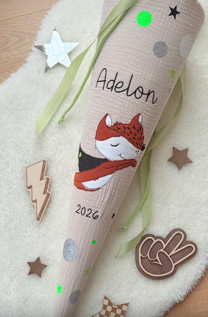 Musselin Schultüte 70 cm | Superhelden schlauer Fuchs | Kissen Inlett