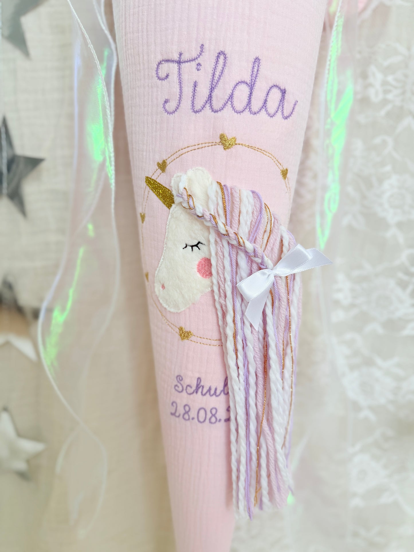 Musselin Schultüte 70 cm |  | Hologramm Schleifenband | Kissen Inlett