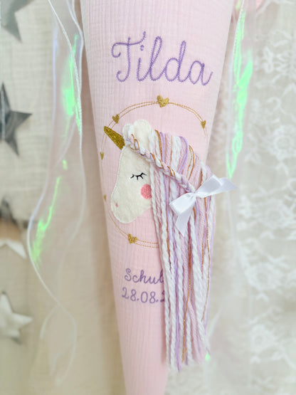 Musselin Schultüte 70 cm |  | Hologramm Schleifenband | Kissen Inlett
