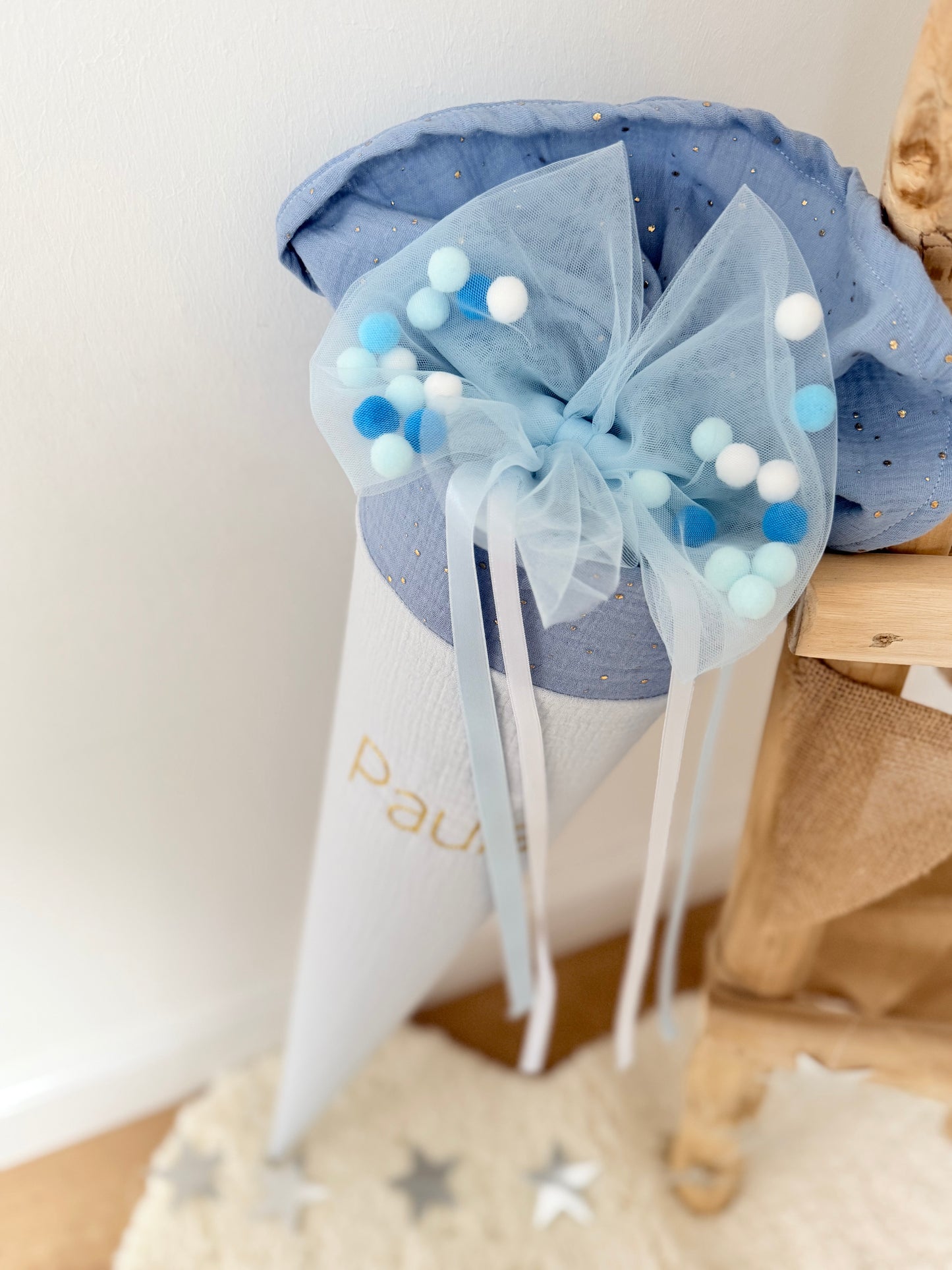 Blau Tüllschleife - Pompon Schleife für Schultüte (70 cm), Kita- & Geschwistertüten (35 cm)