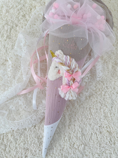 Musselin Kita- & Geschwistertüte 35 cm, Bonbon Design mit Wuschelkopf-Einhorn, goldenen Punkten, optional mit Inlettkissen