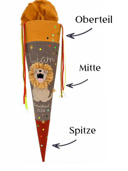 Dein Design Musselin Schultüte Löwe 70 cm, personalisiert- optional mit Kissen