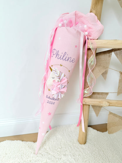 Musselin Schultüte Rosa für Mädchen Wuschelkopf Einhorn  – personalisiert inkl. Rohling & Pompon Tüllschleife optional mit Inlett Kissen | Schultüte aus Stoff