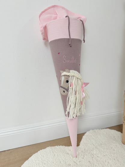 Musselin Schultüte für Mädchen mit Pferd | Haflinger – personalisiert inkl. Rohling optional mit Inlett Kissen | Schultüte aus Stoff