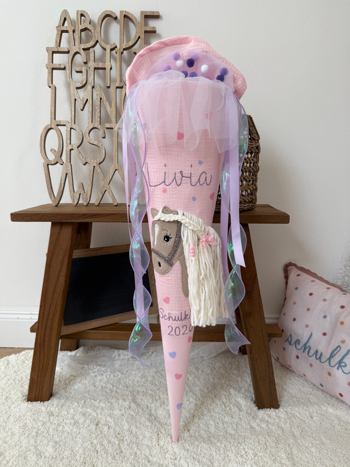 Musselin Schultüte 70 cm  Haflinger, Pferd, personalisiert inkl. Rohling- optional mit Pompon-Tüllschleife & Kissen