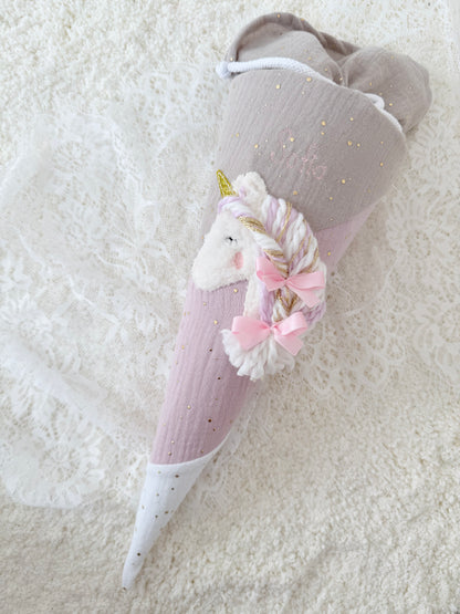 Musselin Kita- & Geschwistertüte 35 cm, Bonbon Design mit Wuschelkopf-Einhorn, goldenen Punkten, optional mit Inlettkissen