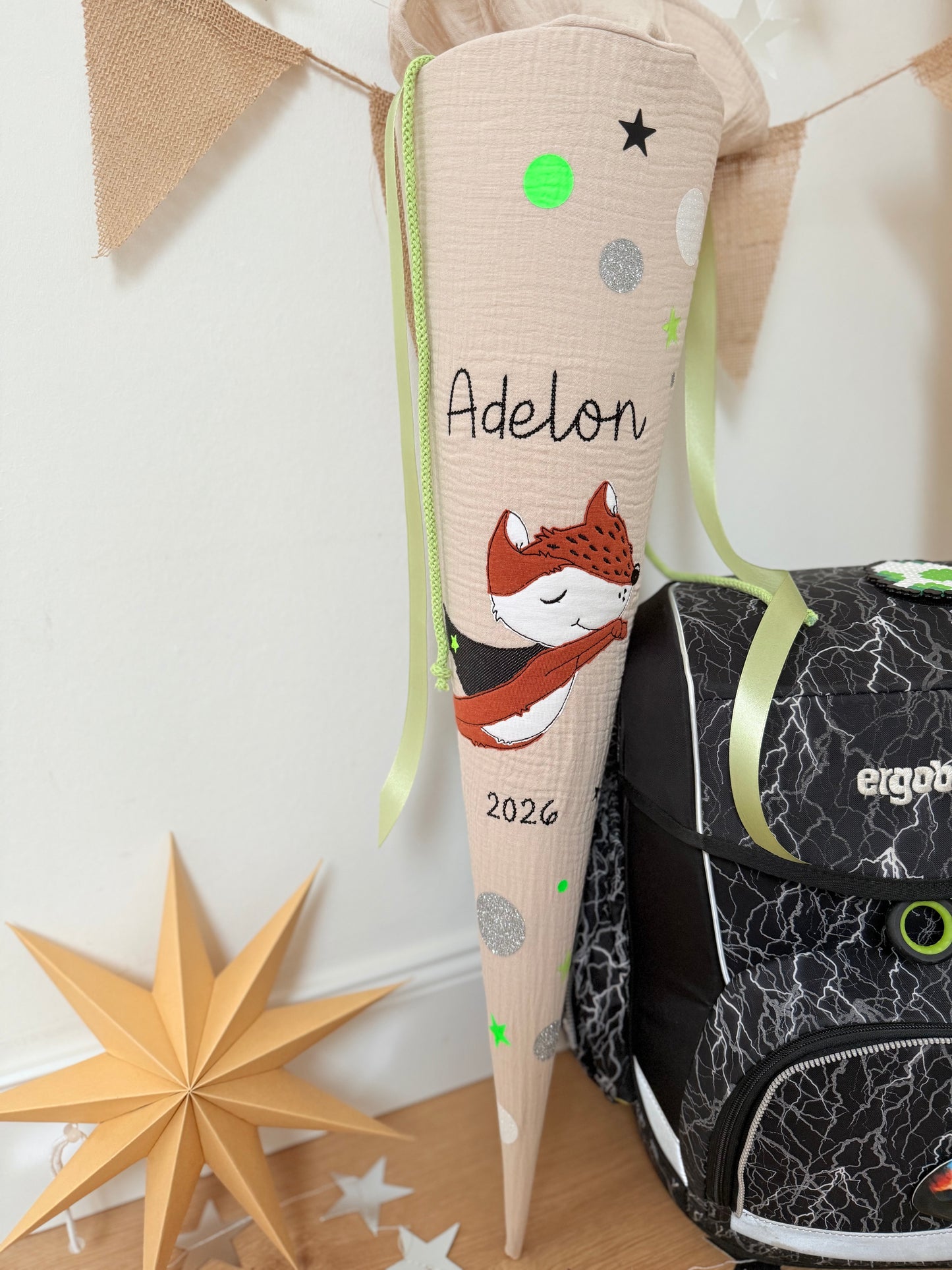 Musselin Schultüte 70 cm | Superhelden schlauer Fuchs | Kissen Inlett