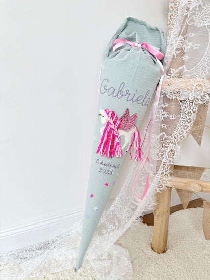 Musselin Schultüte 70 cm & Kita/Geschwistertüte 35 cm | Einhorn mit Flügeln | Pegasus mit Pinker Mähne Rose glitzernd | Kissen Inlett