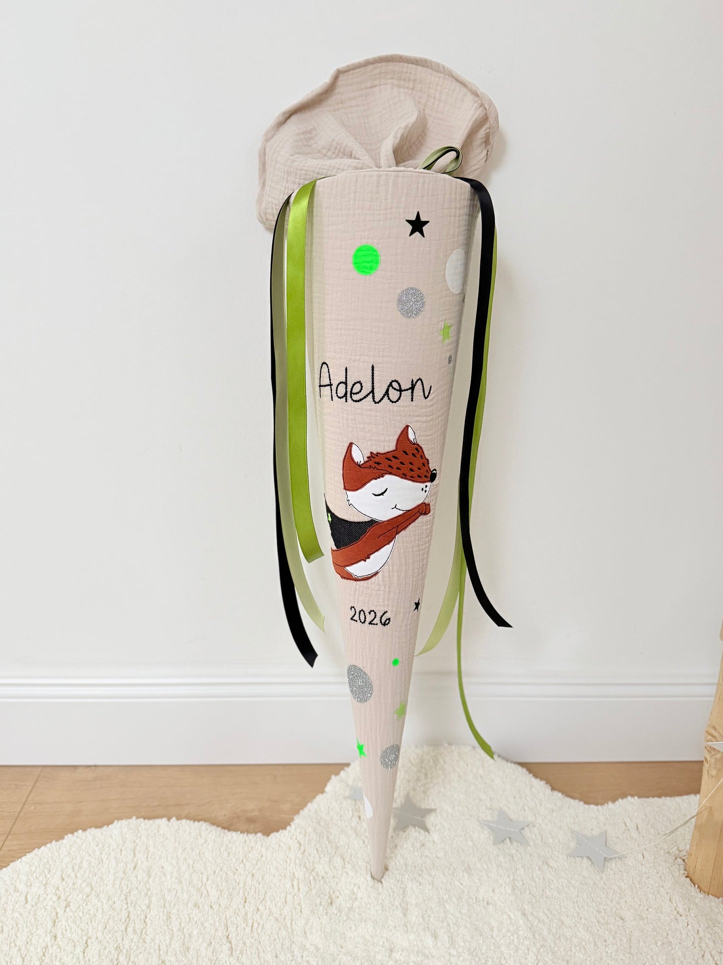 Musselin Schultüte 70 cm | Superhelden schlauer Fuchs | Kissen Inlett