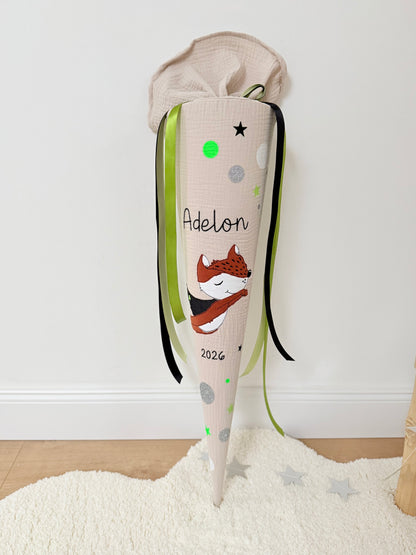Musselin Schultüte 70 cm | Superhelden schlauer Fuchs | Kissen Inlett
