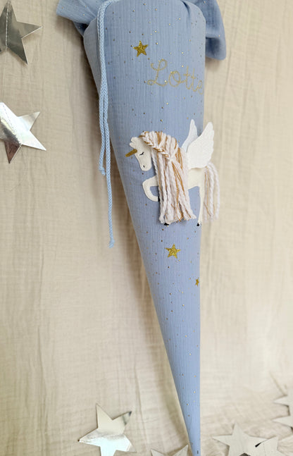 Dein Design | Gold Musselin Schultüte 70 cm | Einhorn mit Flügeln | Pegasus | Kissen Inlett