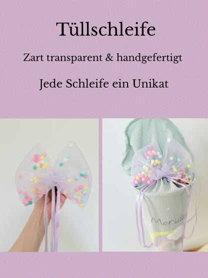 Pompon-Tüllschleife, Flieder Pastellfarben, Schleife passend für Schultüten ab 70 cm, Kita- & Geschwistertüten ab 35 cm