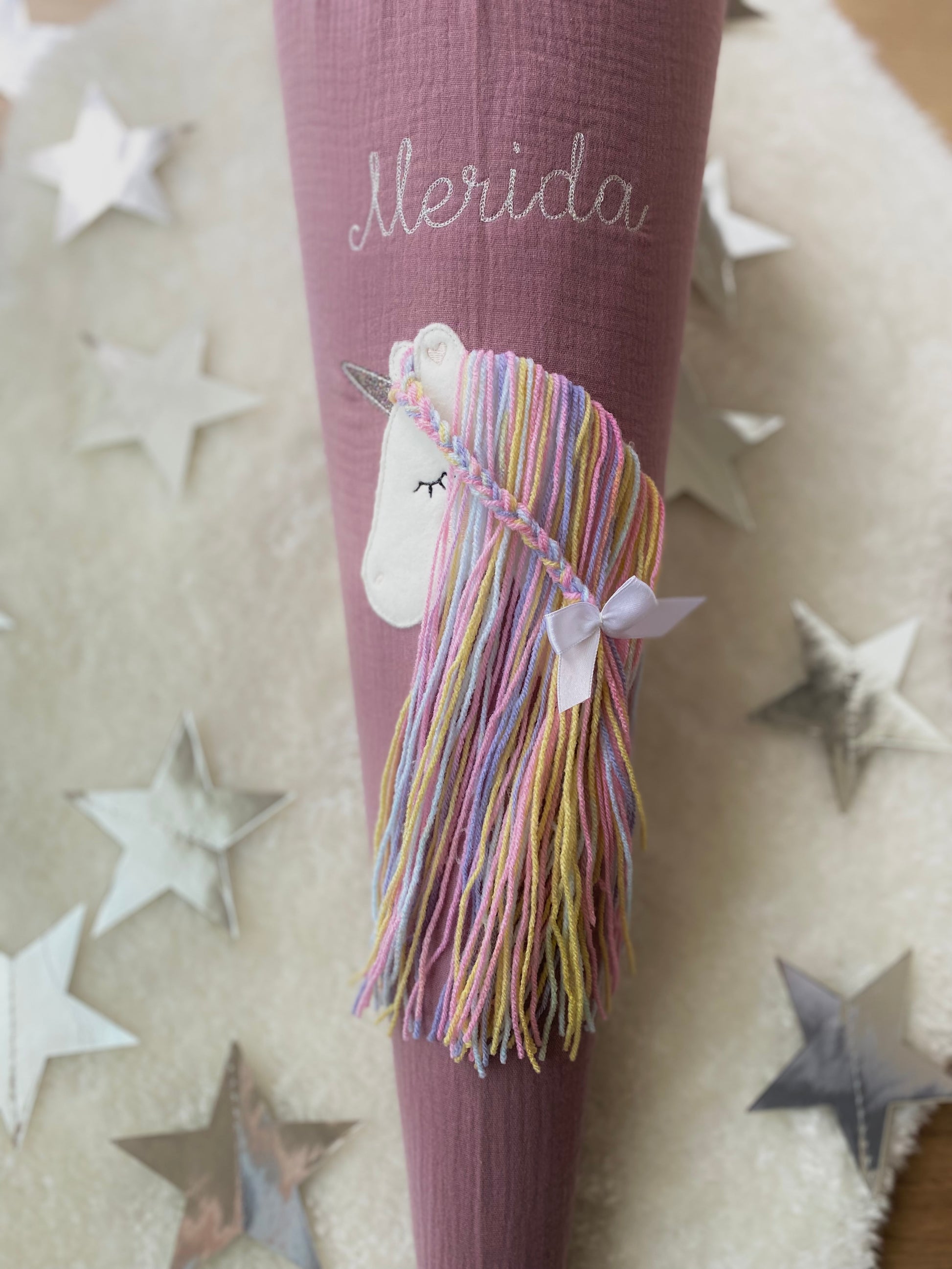 Musselin Schultüte 70 cm Einhorn Regenbogenmähne Kissen Inlett
