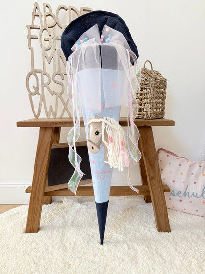Musselin Schultüte 70 cm  Haflinger, Pferd, personalisiert inkl. Rohling- optional mit Pompon-Tüllschleife & Kissen
