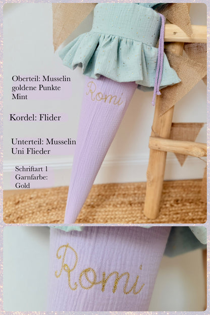 Basic Musselin Schultüte mit Rüsche und goldenen Punkten 70 cm, viele Farben, personalisierbar, Kisseninlett optional