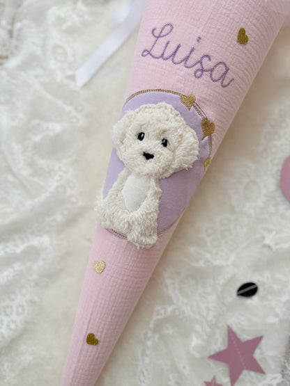 Musselin Schultüte 70 cm | weißer Hund | Welpe | Kisseninlett