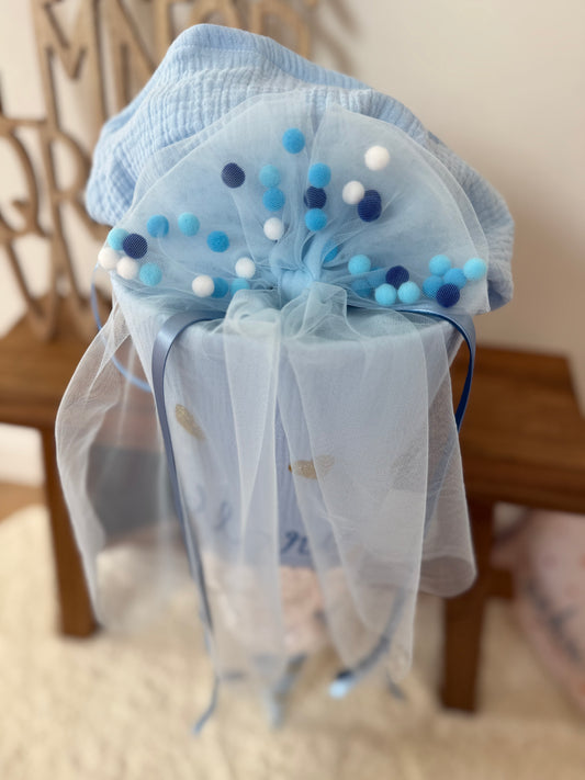 Pompon-Tüllschleife Blau für Schultüten ab 70 cm & 35 cm, Schleife für Schultüten Kita- und Geschwistertüten