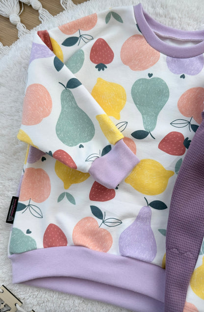 Oversized Kinder Sweater aus Sommersweat mit Obstmotiv in Pastellfarben, Mädchen Pullover