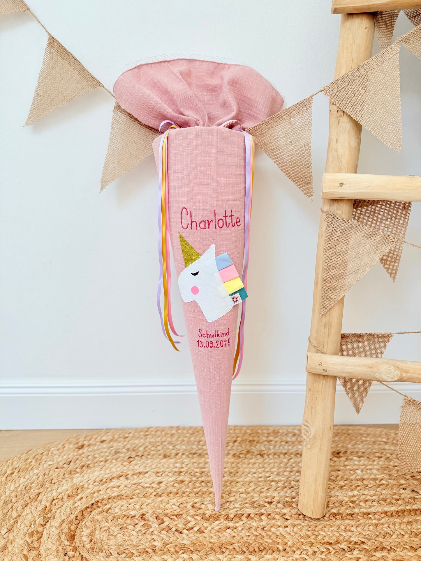 Musselin Schultüte 70 cm | Einhorn Regenbogenmähne | Kissen Inlett