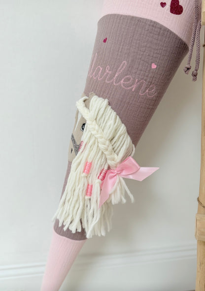 Musselin Schultüte für Mädchen mit Pferd | Haflinger – personalisiert inkl. Rohling optional mit Inlett Kissen | Schultüte aus Stoff