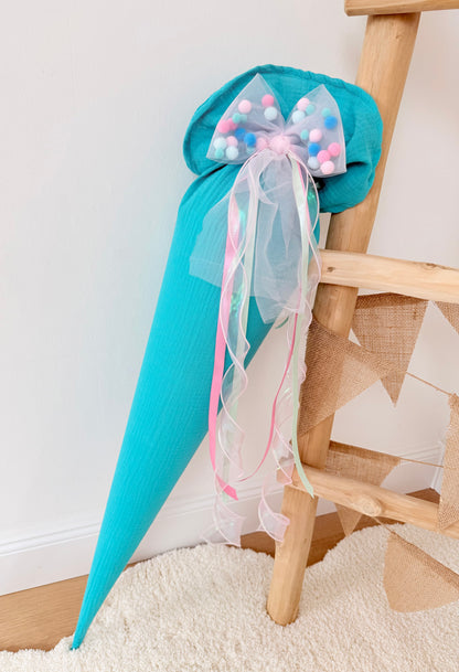 Rosa/Mint Tüllschleife - Pompon Schleife für Schultüte (70 cm), Kita- & Geschwistertüten (35 cm)