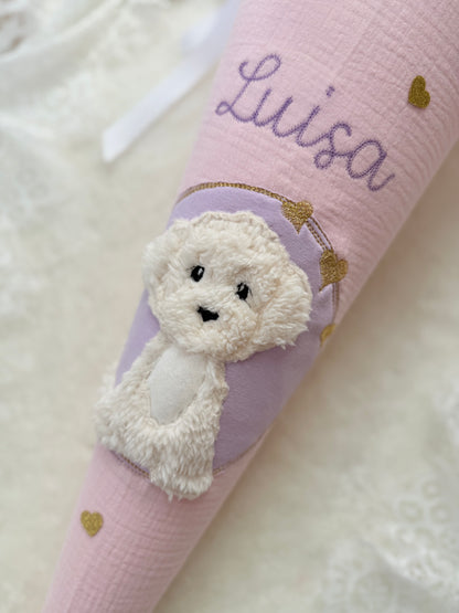 Musselin Schultüte 70 cm | weißer Hund | Welpe | Kisseninlett