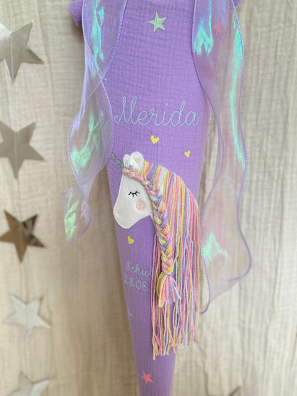 Musselin Schultüte 70 cm | Einhorn Regenbogenmähne | Hologramm Schleifenband | Kissen Inlett