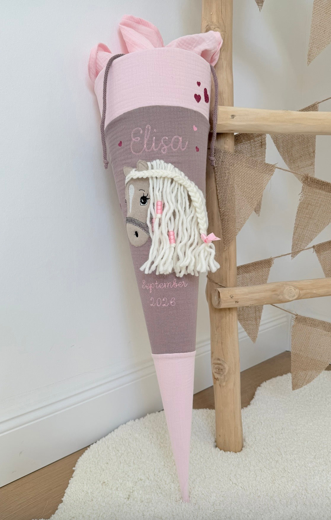 Musselin Schultüte für Mädchen mit Pferd | Haflinger – personalisiert inkl. Rohling optional mit Inlett Kissen | Schultüte aus Stoff