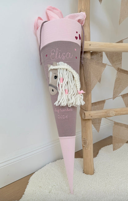 Musselin Schultüte für Mädchen mit Pferd | Haflinger – personalisiert inkl. Rohling optional mit Inlett Kissen | Schultüte aus Stoff