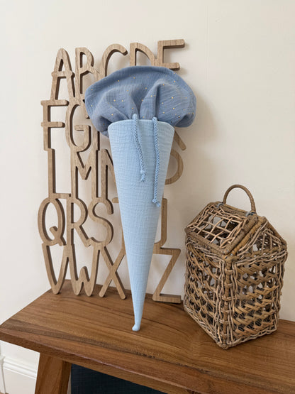 Kleine Musselin Stoffschultüte 35 cm – Kita- & Geschwistertüte, individuelle Farbwahl, personalisierbar, goldene Punkte für Jungen und Mädchen
