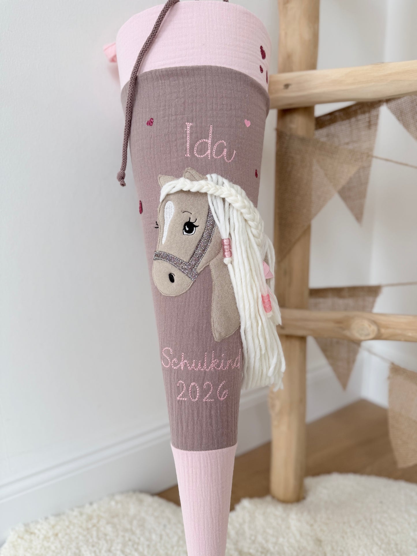 Musselin Schultüte für Mädchen mit Pferd | Haflinger – personalisiert inkl. Rohling optional mit Inlett Kissen | Schultüte aus Stoff