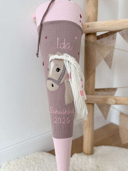 Musselin Schultüte für Mädchen mit Pferd | Haflinger – personalisiert inkl. Rohling optional mit Inlett Kissen | Schultüte aus Stoff