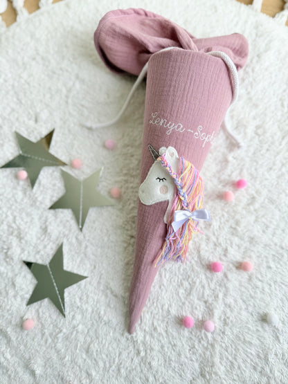 Dein Design | Musselin Kitatüte Geschwistertüte 35 cm | Einhorn Regenbogenmähne | Kissen Inlett