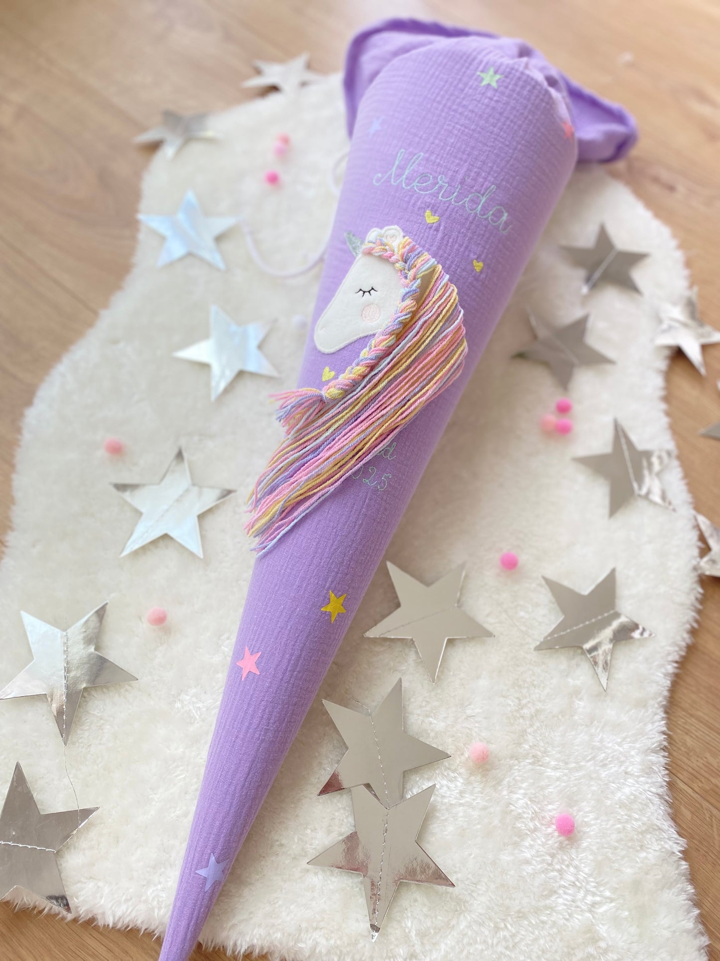 Musselin Schultüte 70 cm | Einhorn Regenbogenmähne | Kissen Inlett