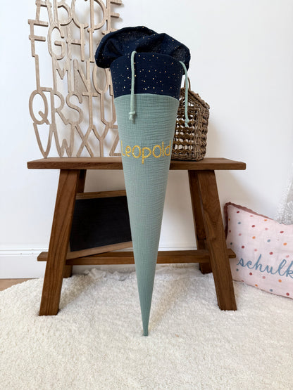✨ BESTSELLER ✨ Basic Musselin Schultüte 70 cm – personalisierbar, individuelle Farbauswahl, goldene Punkte, für Jungen und Mädchen