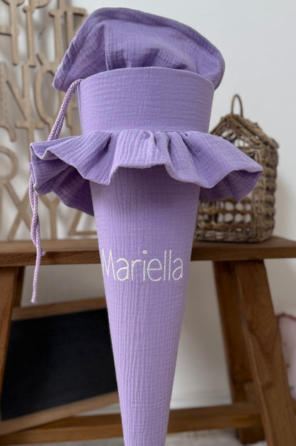 Basic Musselin Schultüte mit Rüsche 70 cm, individuelle Farbwahl– personalisierbar, optional mit Kissen