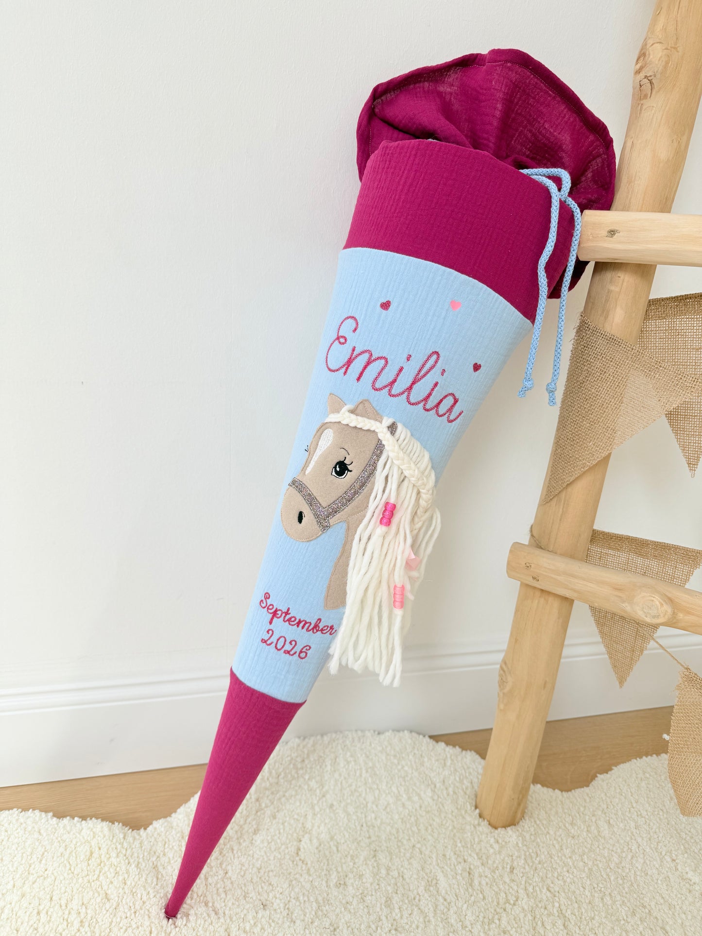 Musselin Schultüte für Mädchen mit Pferd | Haflinger – personalisiert inkl. Rohling optional mit Inlett Kissen | Schultüte aus Stoff
