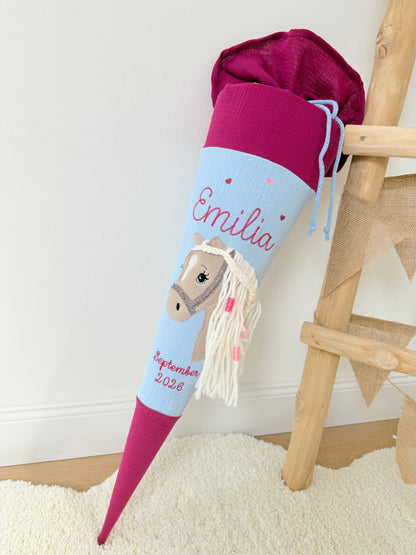 Musselin Schultüte für Mädchen mit Pferd | Haflinger – personalisiert inkl. Rohling optional mit Inlett Kissen | Schultüte aus Stoff