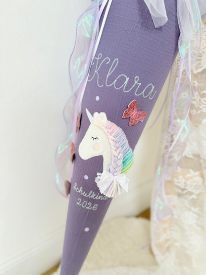 Musselin Schultüte für Mädchen 70cm, Einhorn mit Schmetterlingen – personalisiert inkl. Rohling optional mit Inlett Kissen | Schultüte aus Stoff