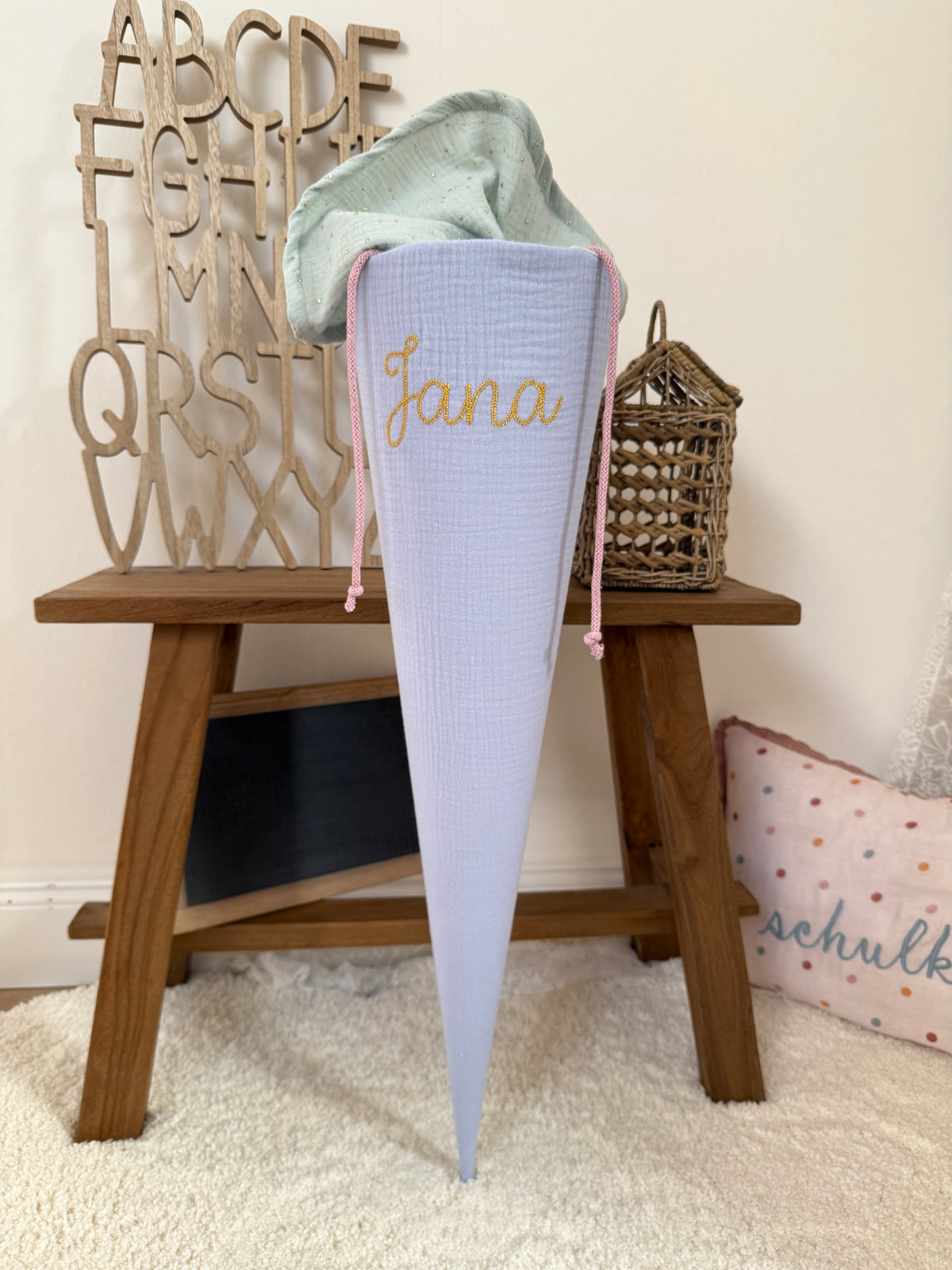 Basic Musselin Schultüte 70 cm zweifarbig, goldenen Punkten | Für Mädchen & Jungen | Einschulung & Geschwister-Kitatüte 35 cm